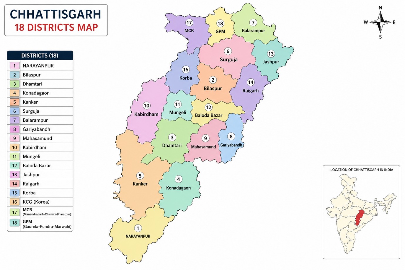 Chhattisgarh 18 Districts Location Map